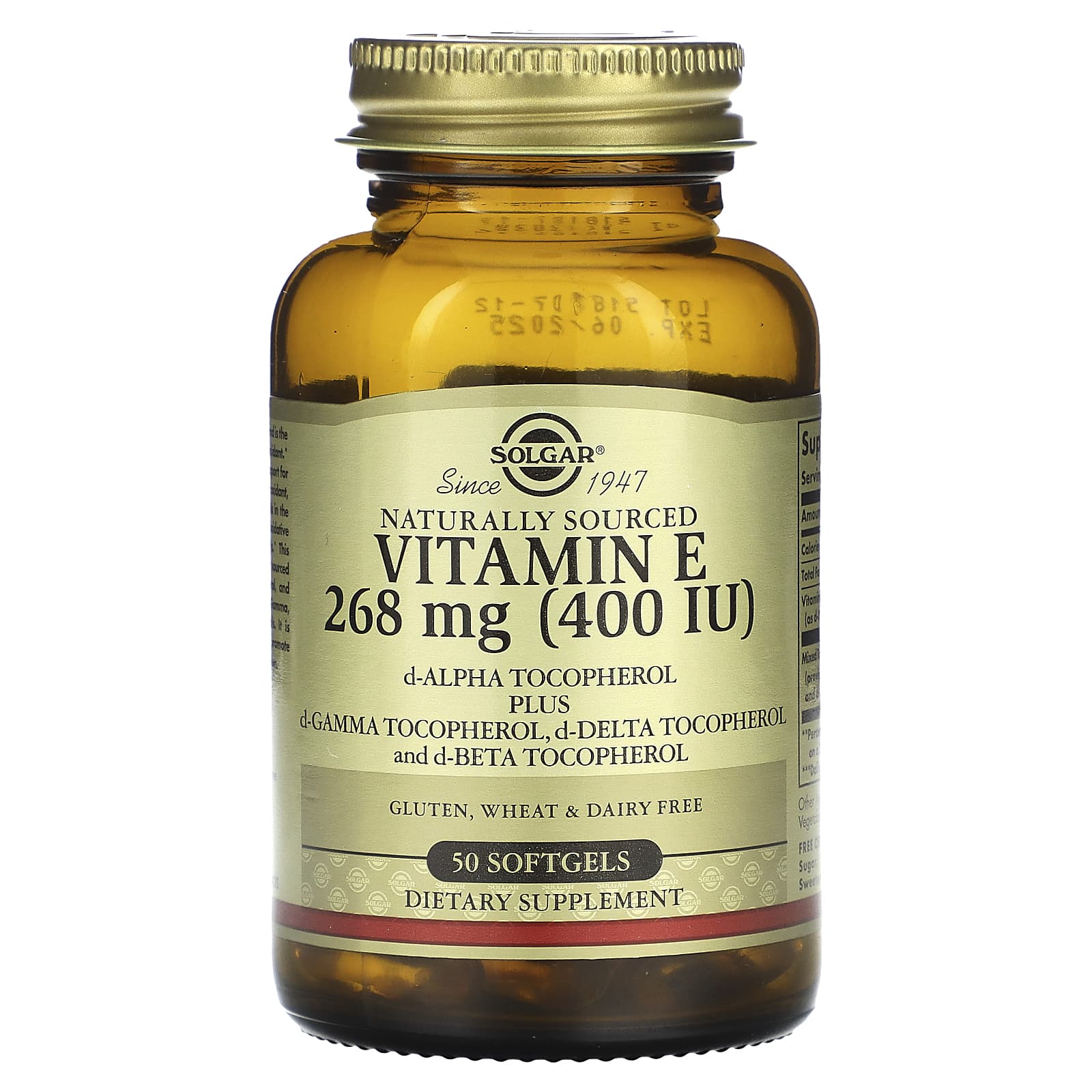 Solgar, Naturally Sourced Vitamin E, 268 mg (400 IU), 50 Softgels - Image 1