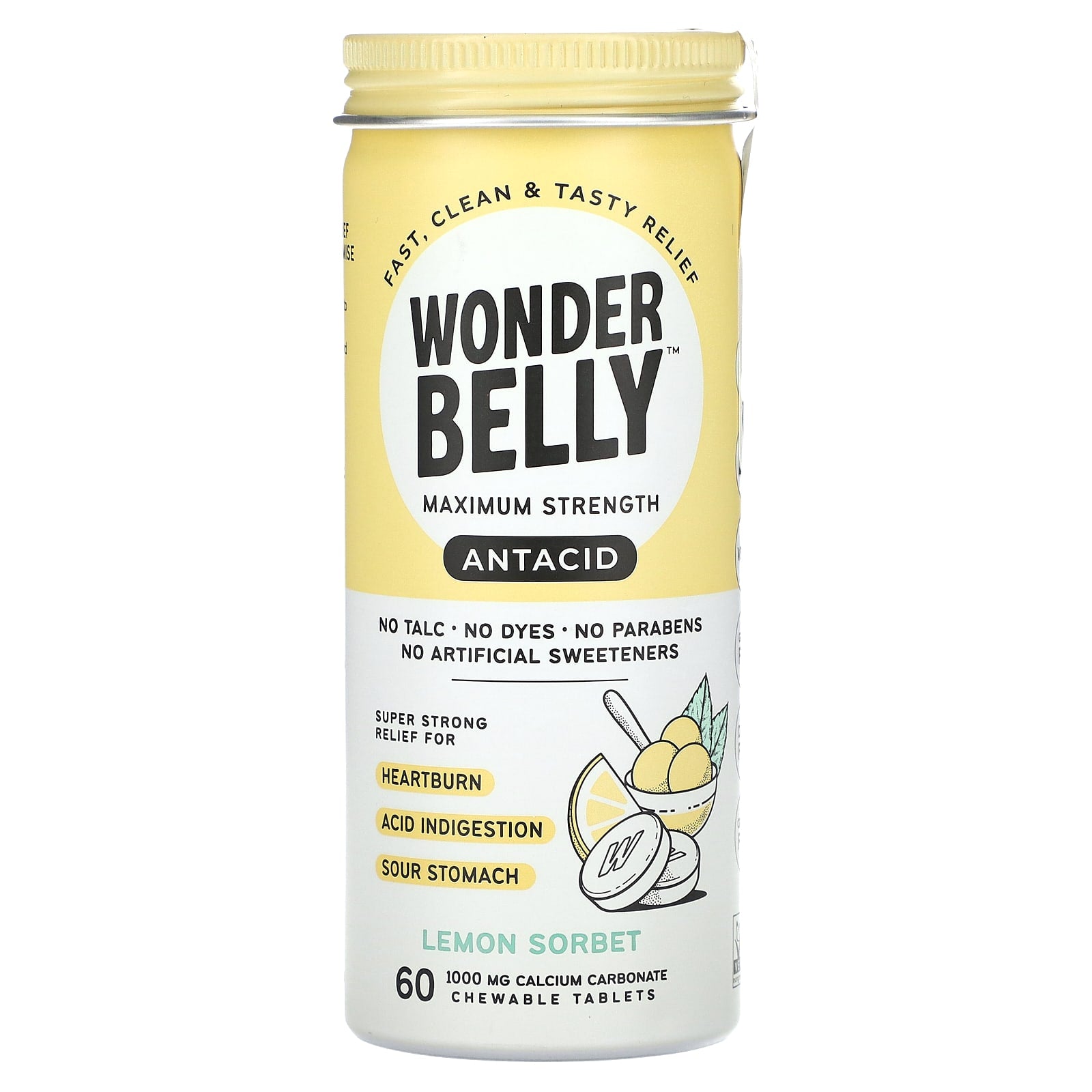 Wonderbelly, Antacid, Lemon Sorbet, 60 Chewable Tablets (1,000 mg per Tablet) - Image 1
