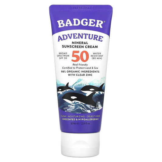 Badger Mineral Sunscreen Cream, SPF 50, Unscented, 2.9 fl oz (87 ml) - Image 1