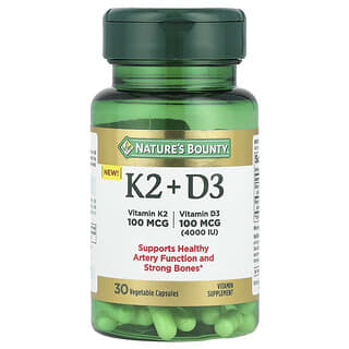 Nature's Bounty Vitamin K2 + D3 Supplement for Healthy Bones & Arteries, 30 Caps