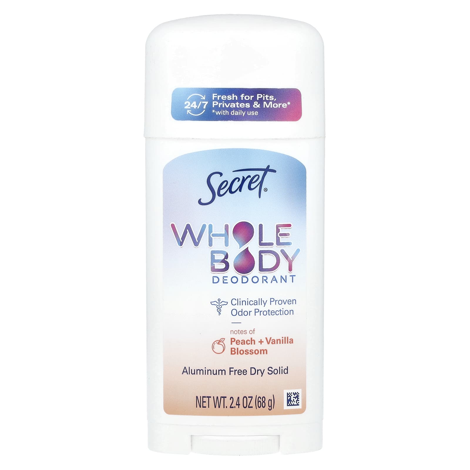 Secret, Whole Body Deodorant, Aluminum Free Dry Solid, Peach + Vanilla Blossom, 2.4 oz (68 g) - Image 1