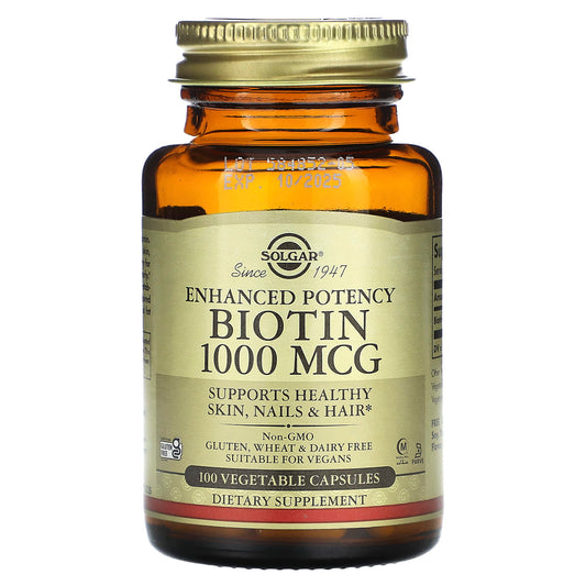 Solgar, Enhanced Potency Biotin, 1,000 mcg, 100 Vegetable Capsules - Image 1