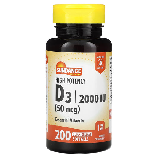 Sundance Vitamins, High Potency D3, 50 mcg (2,000 IU), 200 Quick Release Softgels - Image 1