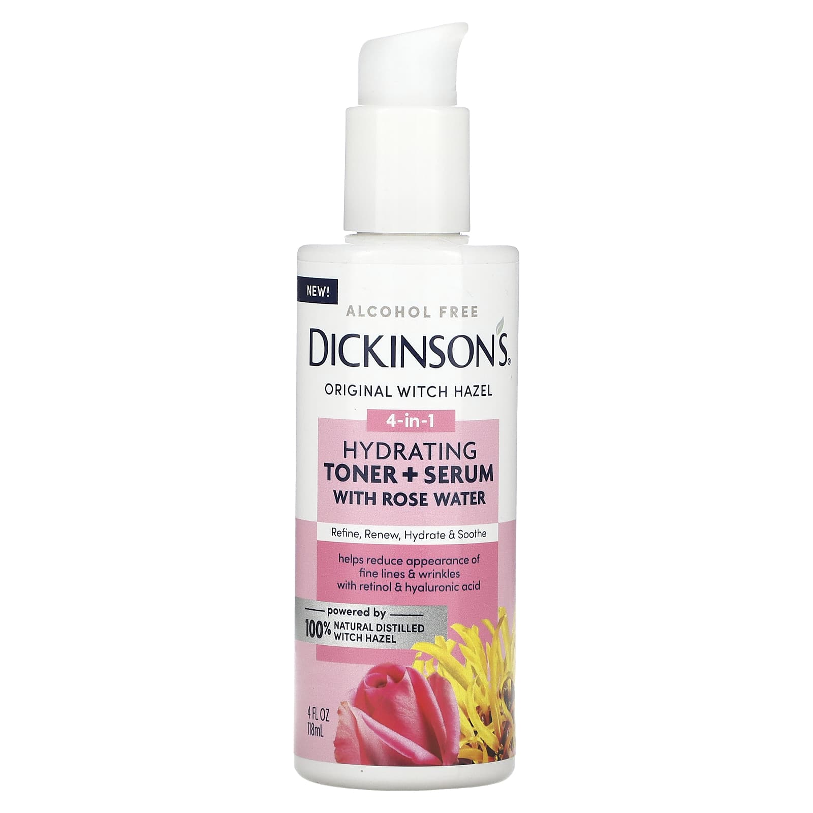 Dickinson Brands, Original Witch Hazel, 4-in-1 Hydrating Toner + Serum with Rose Water, Alcohol Free, 4 fl oz (118 ml) - Image 1