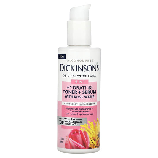 Dickinson Brands, Original Witch Hazel, 4-in-1 Hydrating Toner + Serum with Rose Water, Alcohol Free, 4 fl oz (118 ml) - Image 1