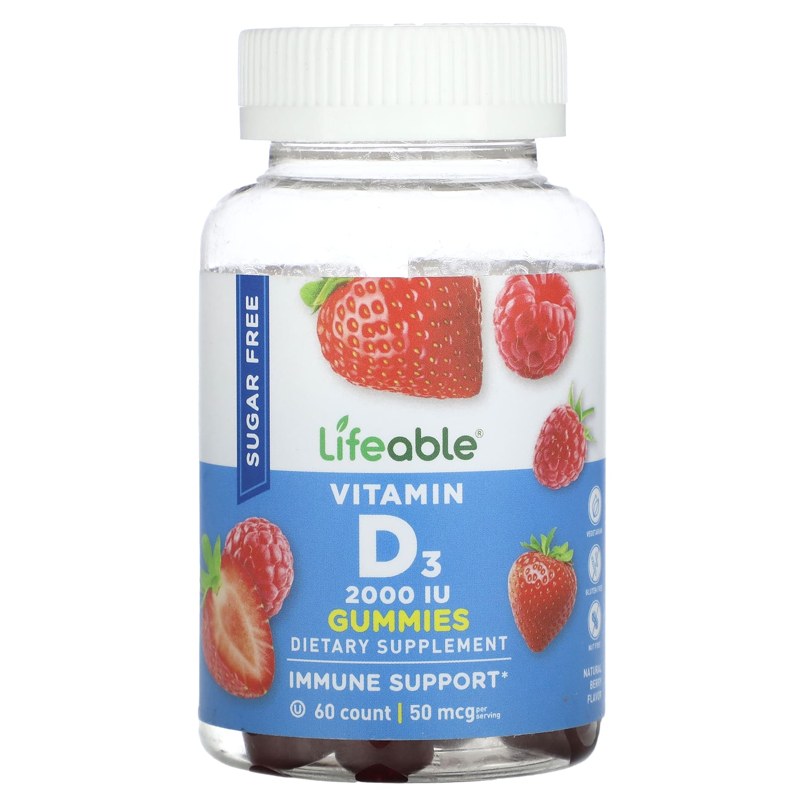 Lifeable, Vitamin D3 Gummies, Sugar Free, Natural Berry, 60 Gummies (25 mcg (1,000 IU) per Gummy) - Image 1