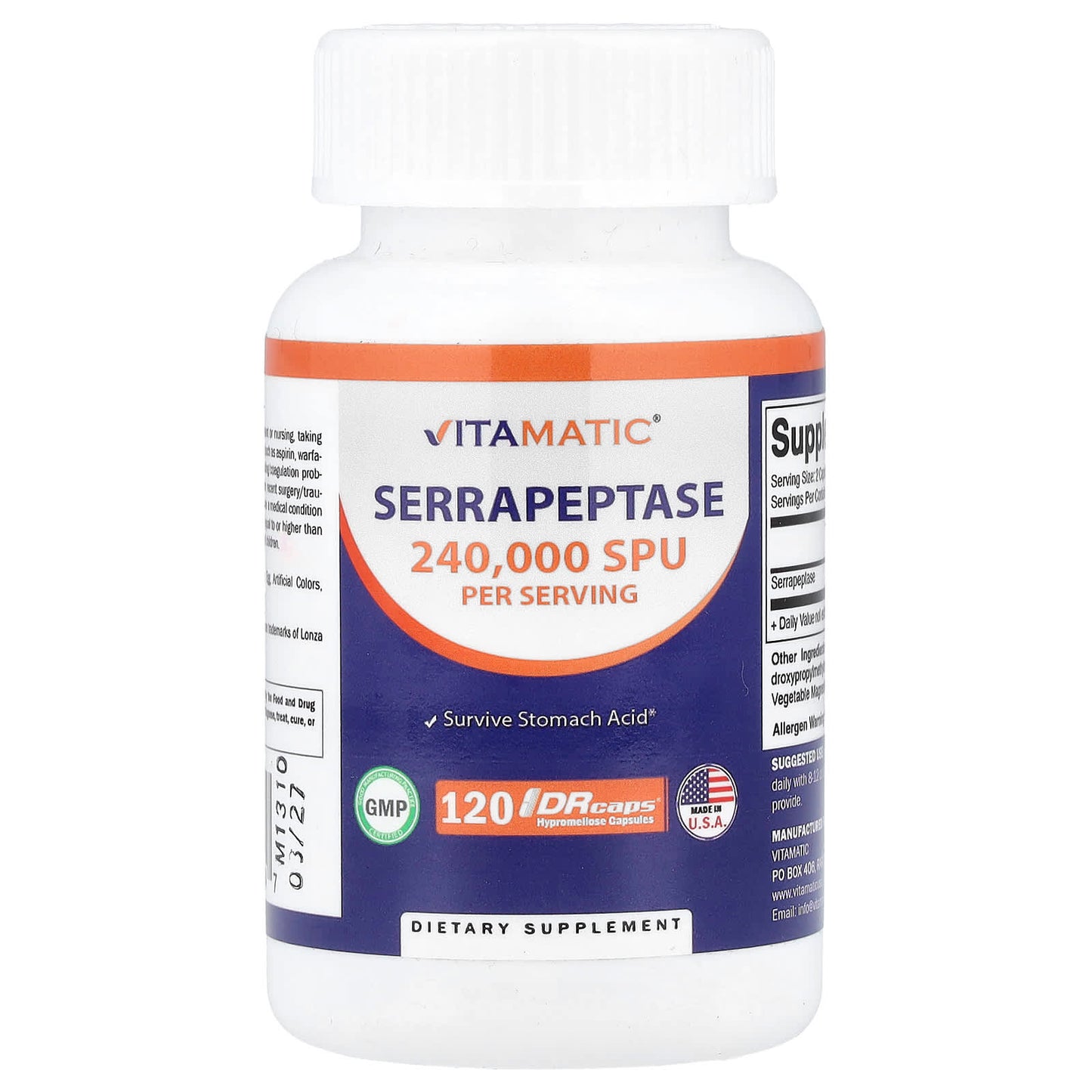 Vitamatic, Serrapeptase, 120 DRcaps® Hypromellose Capsules (120,000 SPU per Capsule) - Image 1