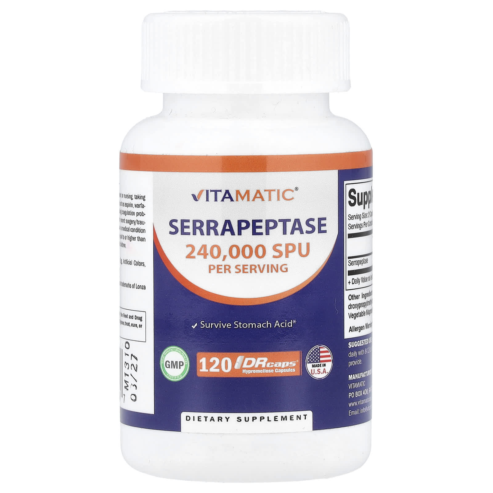 Vitamatic, Serrapeptase, 120 DRcaps® Hypromellose Capsules (120,000 SPU per Capsule) - Image 1