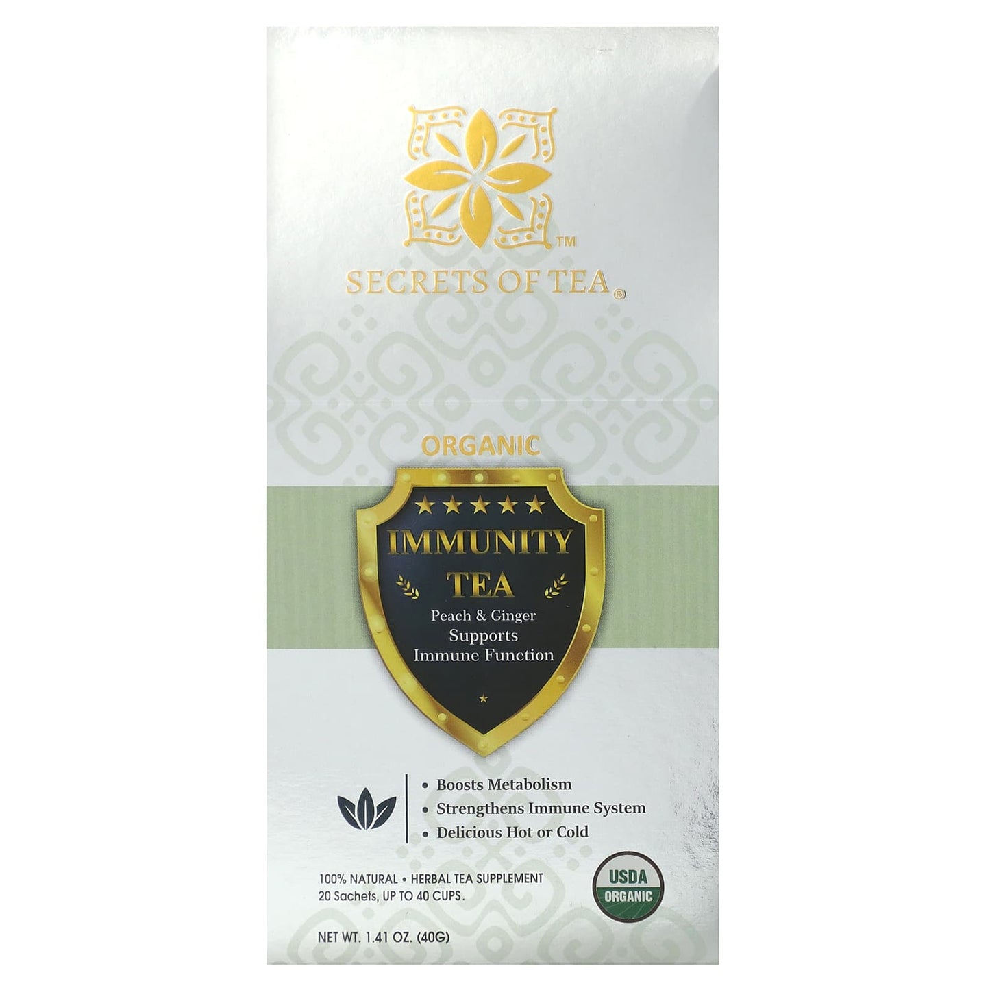 Secrets of Tea, Organic Immunity Tea, Peach & Ginger, 20 Sachets, 1.41 oz (40 g) - Image 1