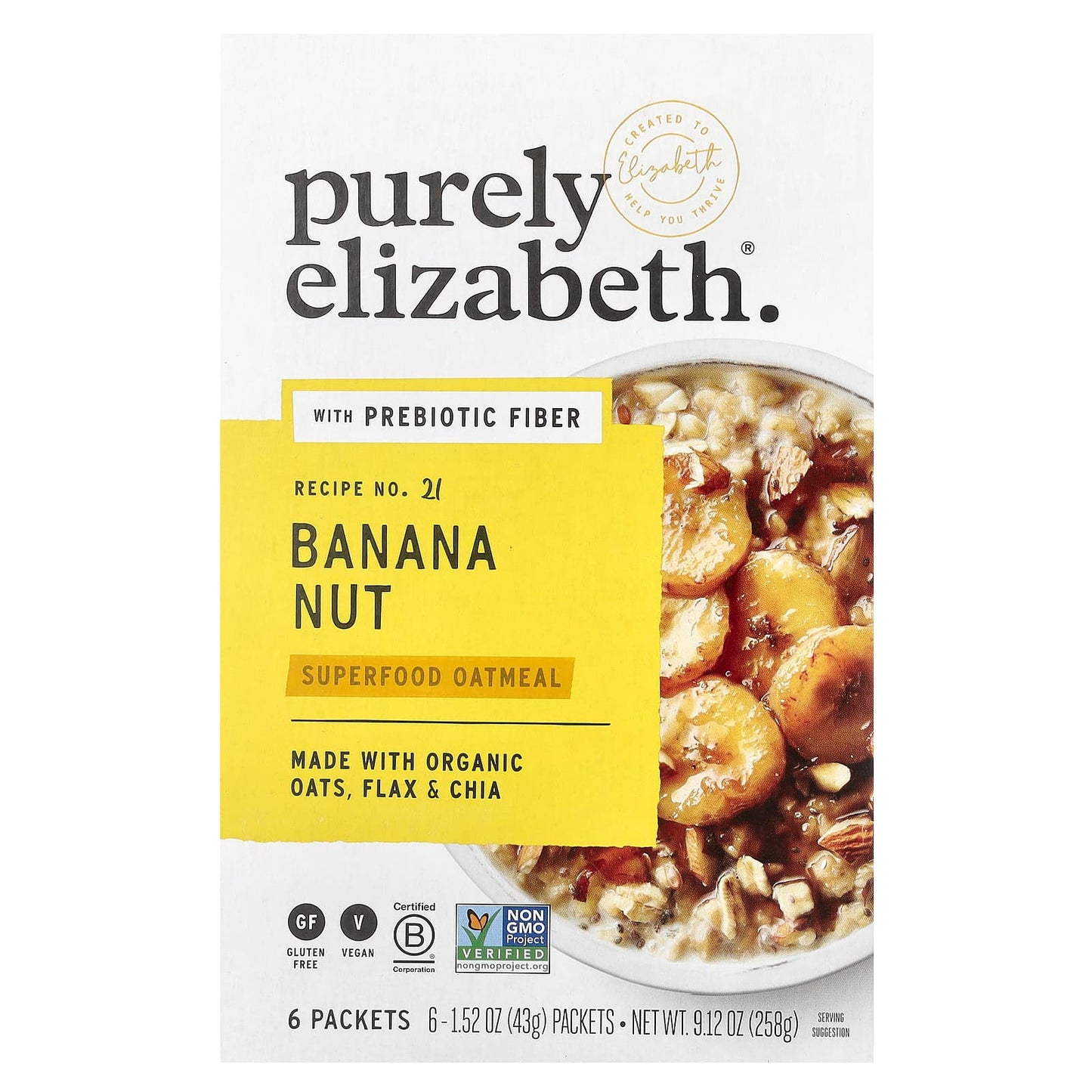 Purely Elizabeth, Superfood Oatmeal With Prebiotic Fiber, Banana Nut, 6 Packets, 1.52 oz (43 g) Each - Image 1