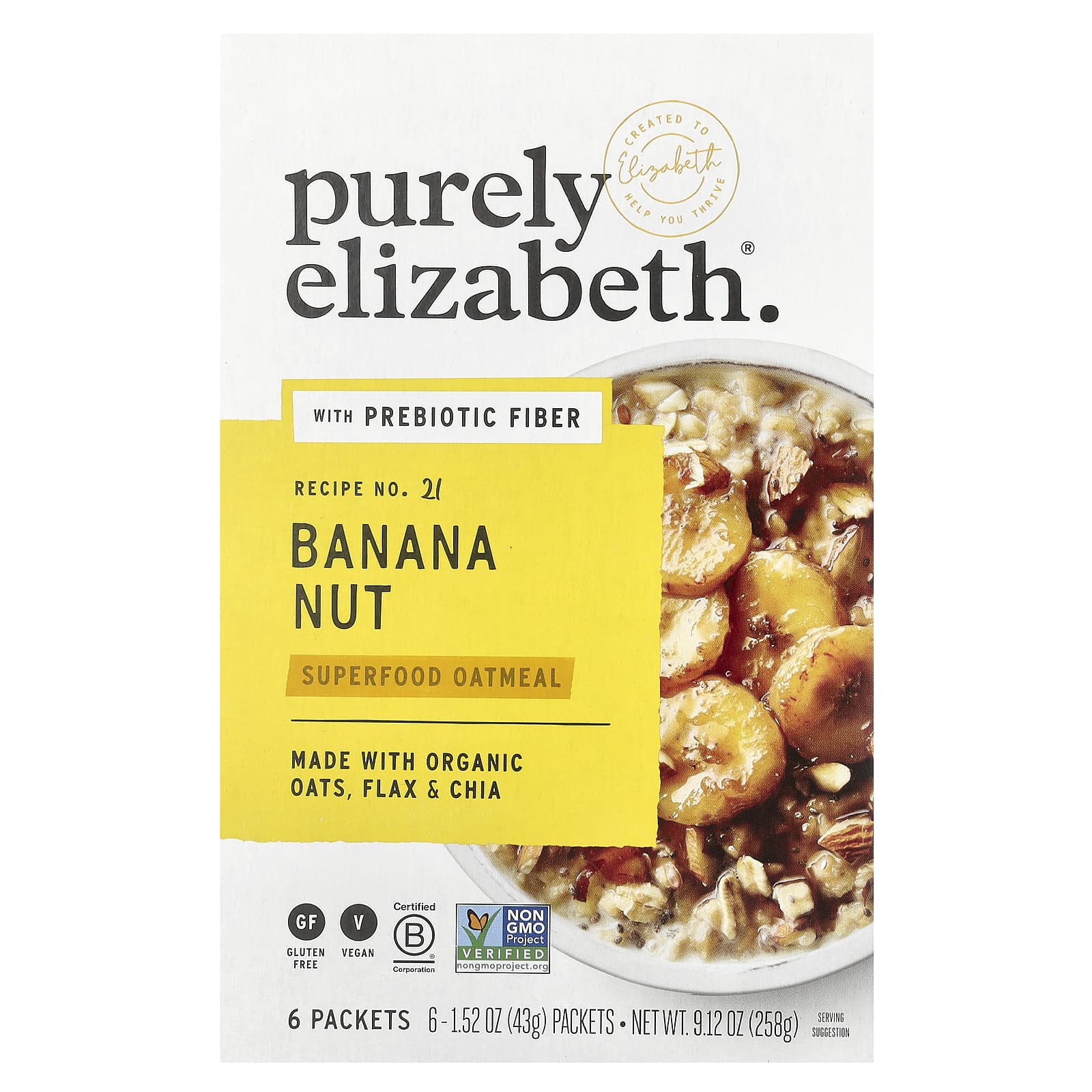 Purely Elizabeth, Superfood Oatmeal With Prebiotic Fiber, Banana Nut, 6 Packets, 1.52 oz (43 g) Each - Image 1