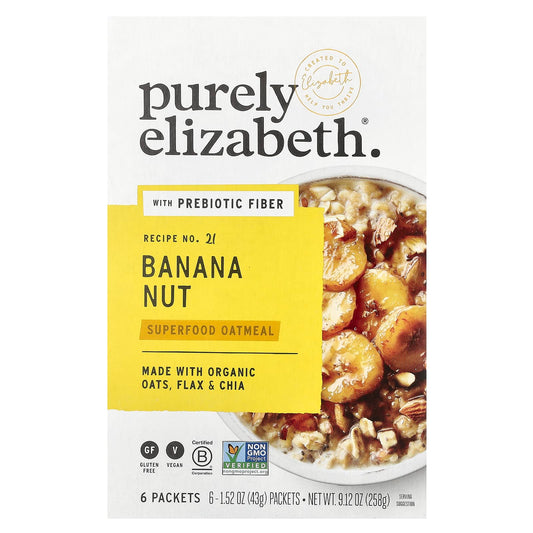 Purely Elizabeth, Superfood Oatmeal With Prebiotic Fiber, Banana Nut, 6 Packets, 1.52 oz (43 g) Each - Image 1