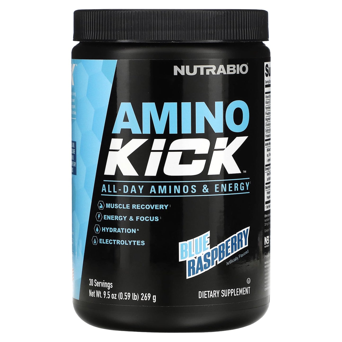 NutraBio, Amino Kick, Blue Raspberry, 0.59 lb (269 g) - Image 1