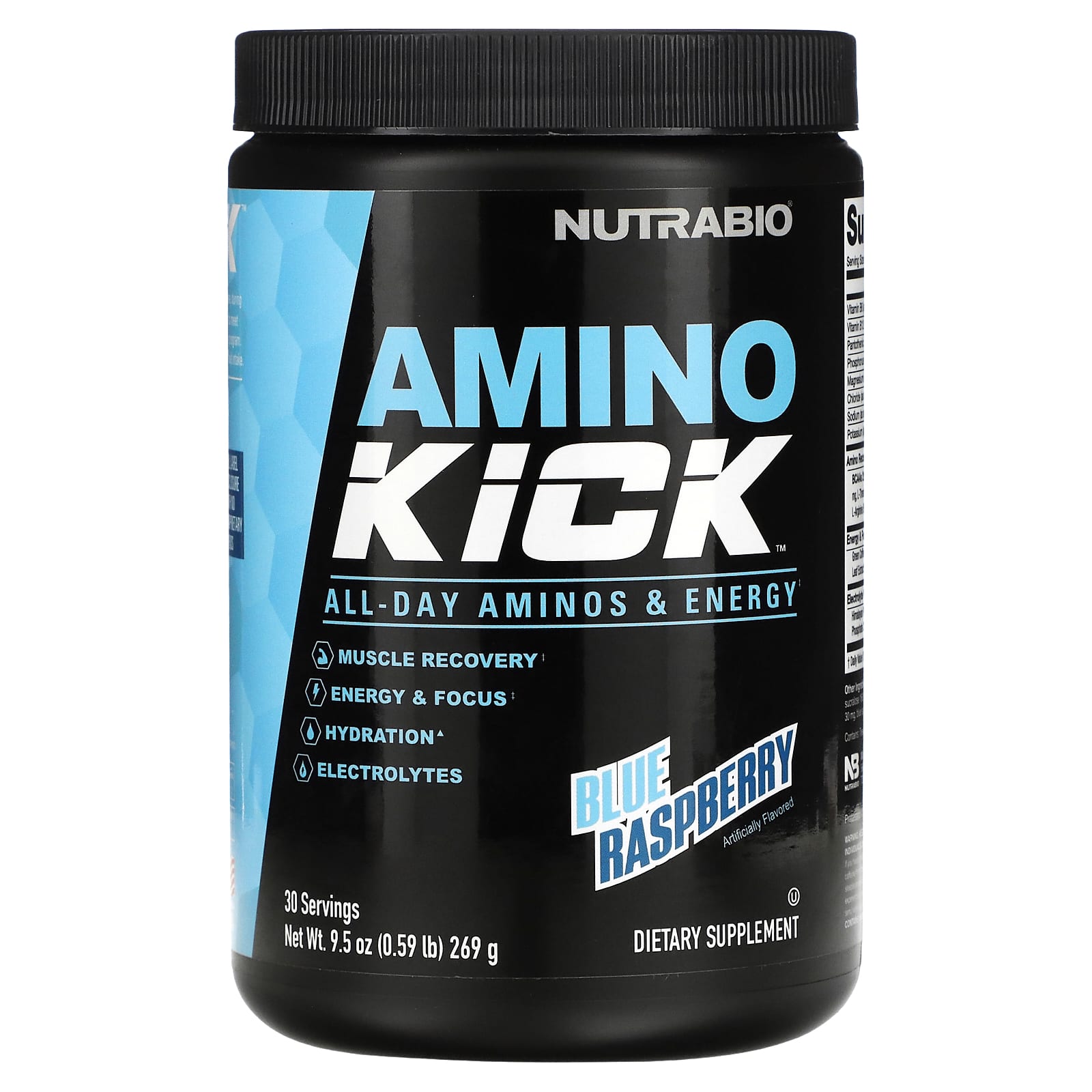 NutraBio, Amino Kick, Blue Raspberry, 0.59 lb (269 g) - Image 1