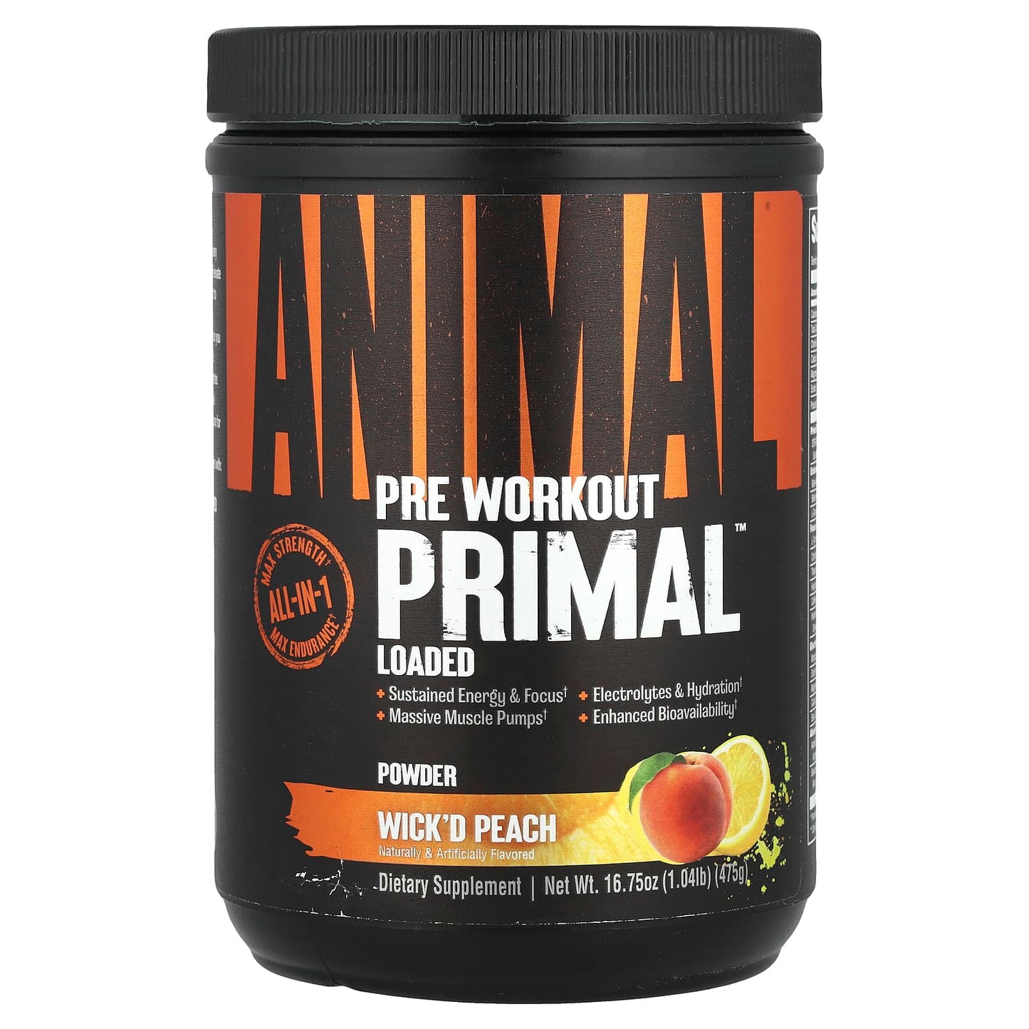 Animal Primal Pre Workout Powder, Wick'd Peach, 1.04 lb (475 g) - Boost Energy & Endurance - Image 1