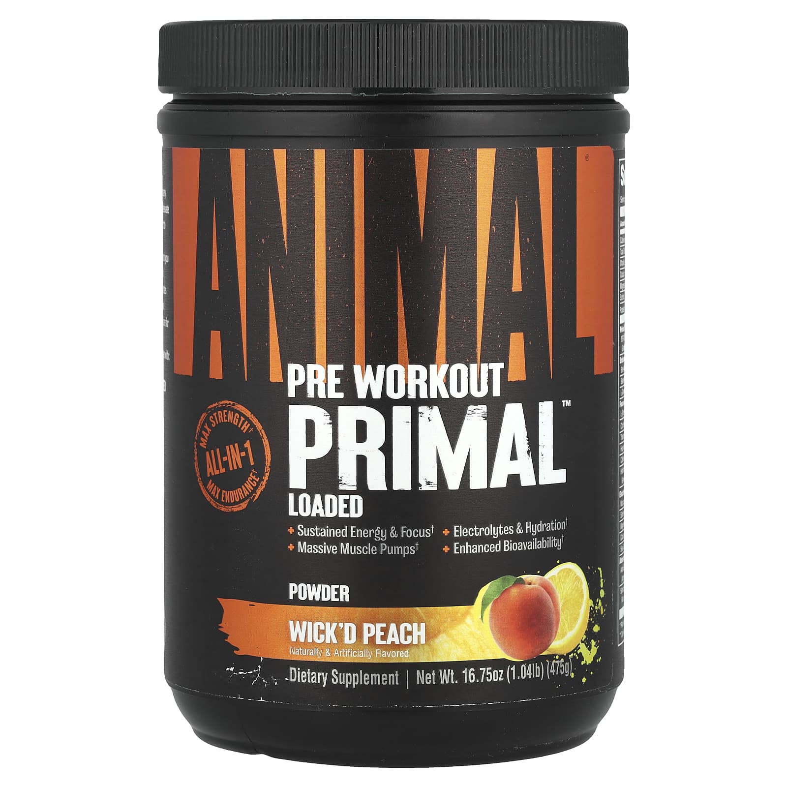 Animal Primal Pre Workout Powder, Wick'd Peach, 1.04 lb (475 g) - Boost Energy & Endurance - Image 1