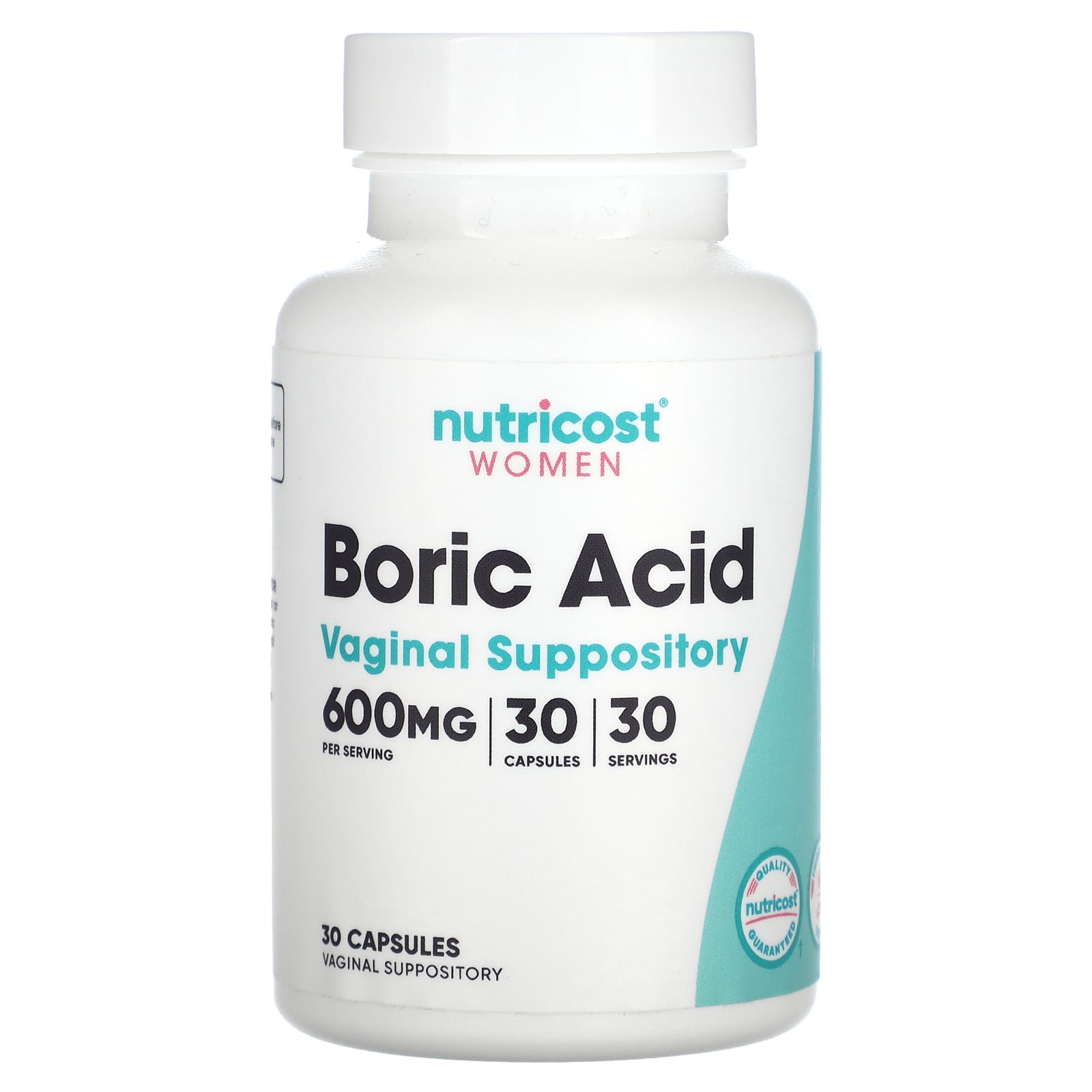 Nutricost, Women, Boric Acid, Vaginal Suppository, 600 mg, 30 Capsules - Image 1