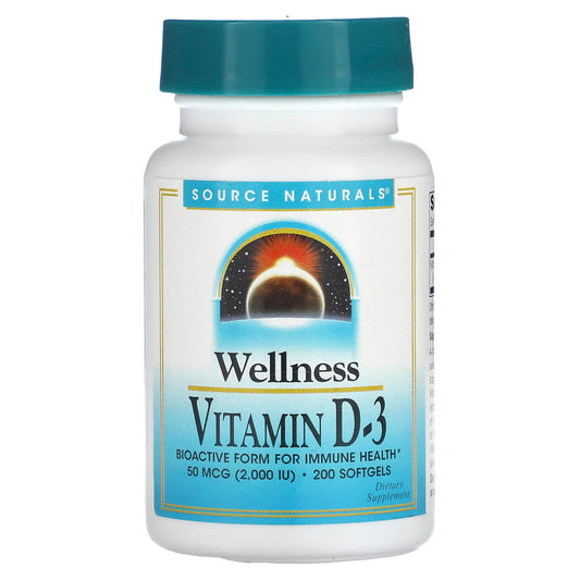 Source Naturals, Wellness, Vitamin D-3, 50 mcg (2,000 IU), 200 Softgels - Image 1