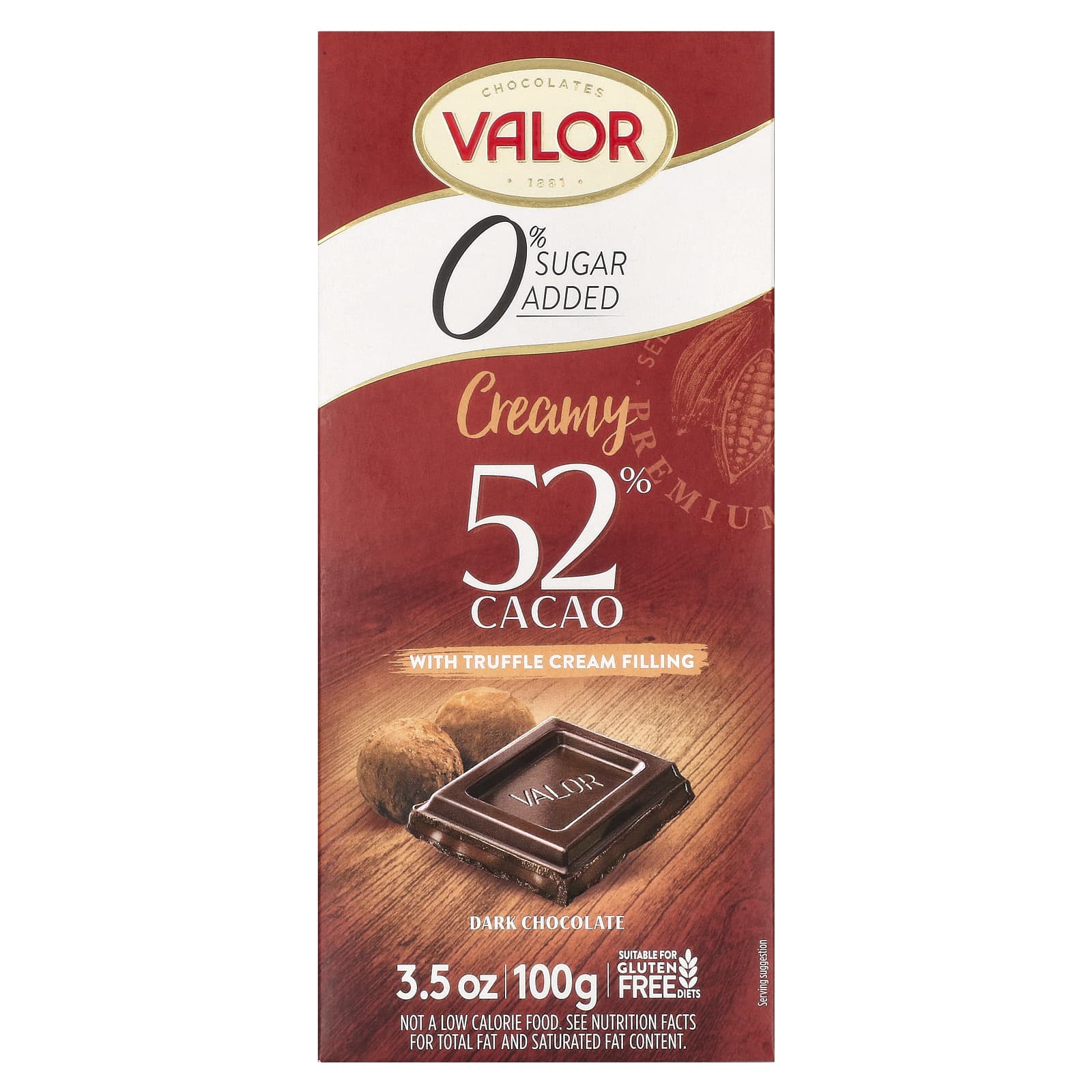 Valor, 0% Sugar Added, Creamy Dark Chocolate with Truffle Cream Filling, 52% Cacao, 3.5 oz (100 g) - Image 1