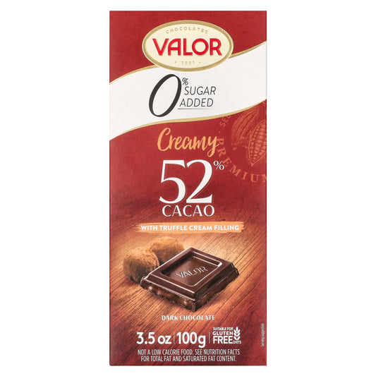 Valor, 0% Sugar Added, Creamy Dark Chocolate with Truffle Cream Filling, 52% Cacao, 3.5 oz (100 g) - Image 1
