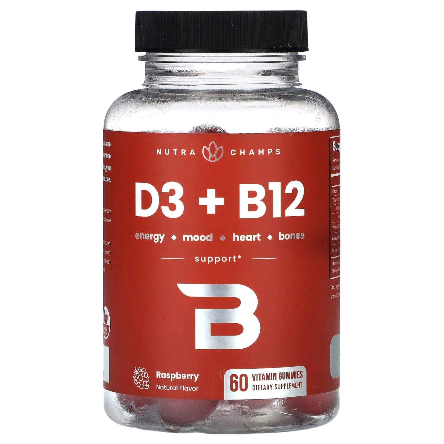 NutraChamps, D3 + B12, Raspberry, 60 Vitamin Gummies - Image 1