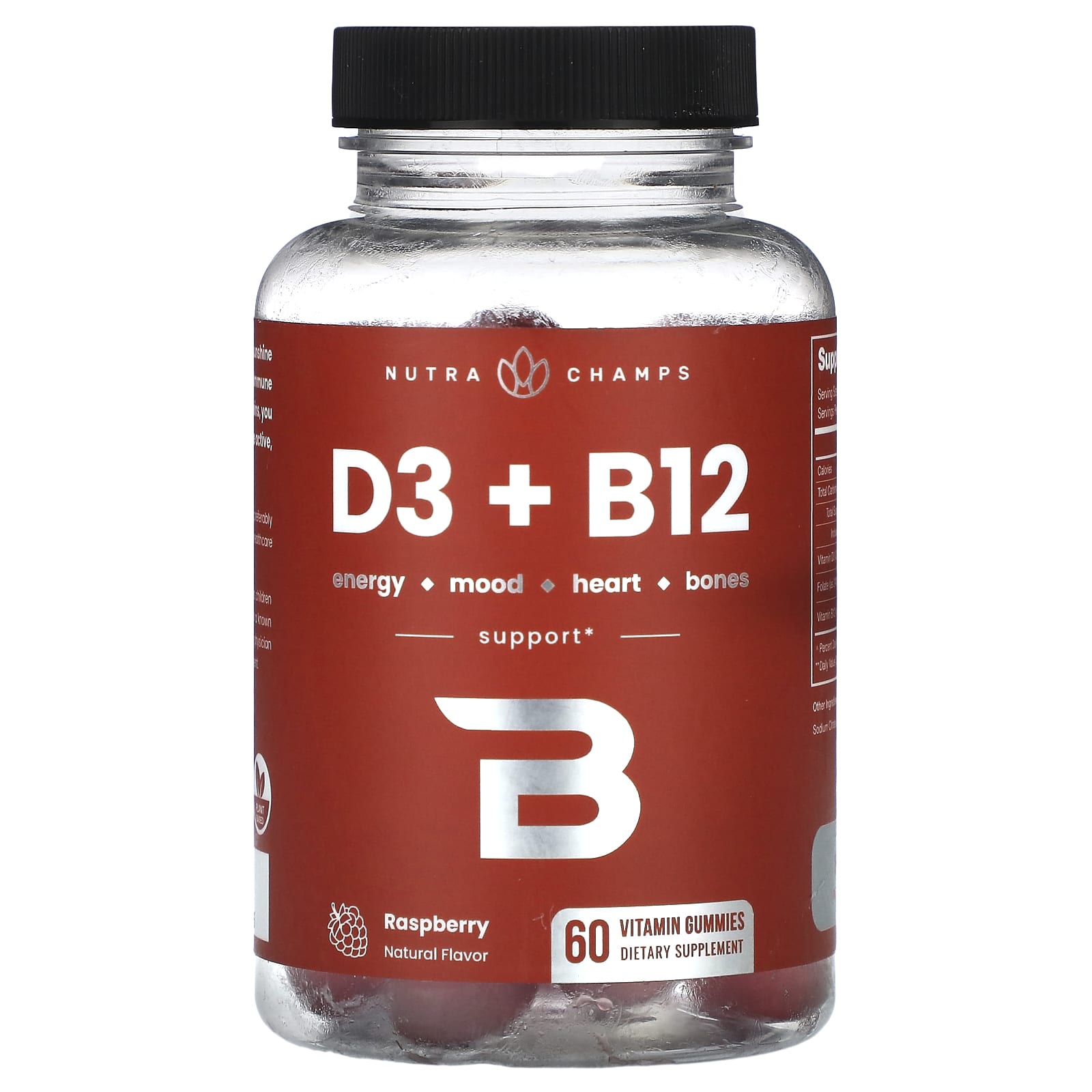 NutraChamps, D3 + B12, Raspberry, 60 Vitamin Gummies - Image 1