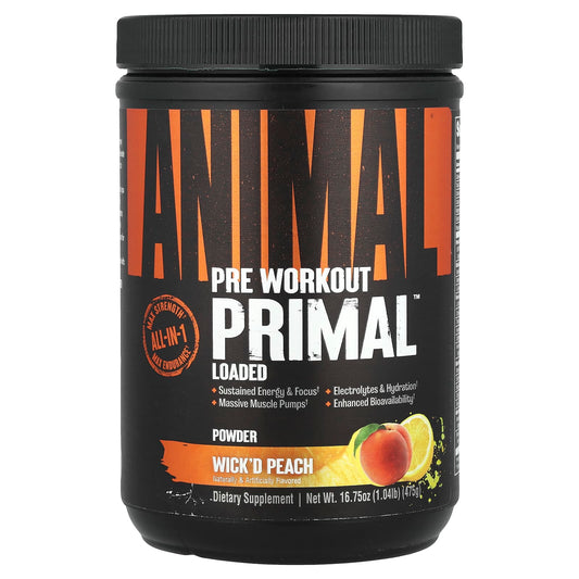 Animal Primal Pre Workout Powder, Wick'd Peach, 1.04 lb (475 g) - Boost Energy & Endurance - Image 1