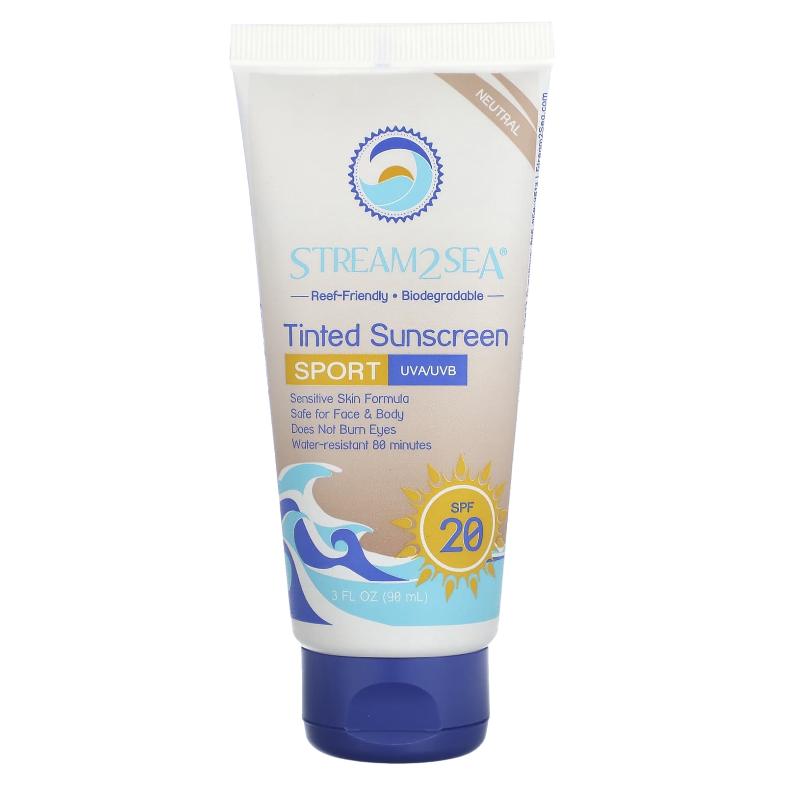 Stream2Sea, Tinted Sunscreen, Sport, SPF 20, Neutral, Fragrance Free, 3 fl oz (90 ml) - Image 1