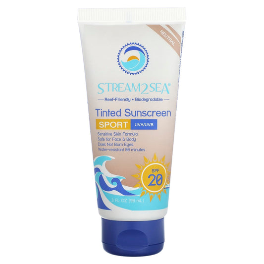 Stream2Sea, Tinted Sunscreen, Sport, SPF 20, Neutral, Fragrance Free, 3 fl oz (90 ml) - Image 1