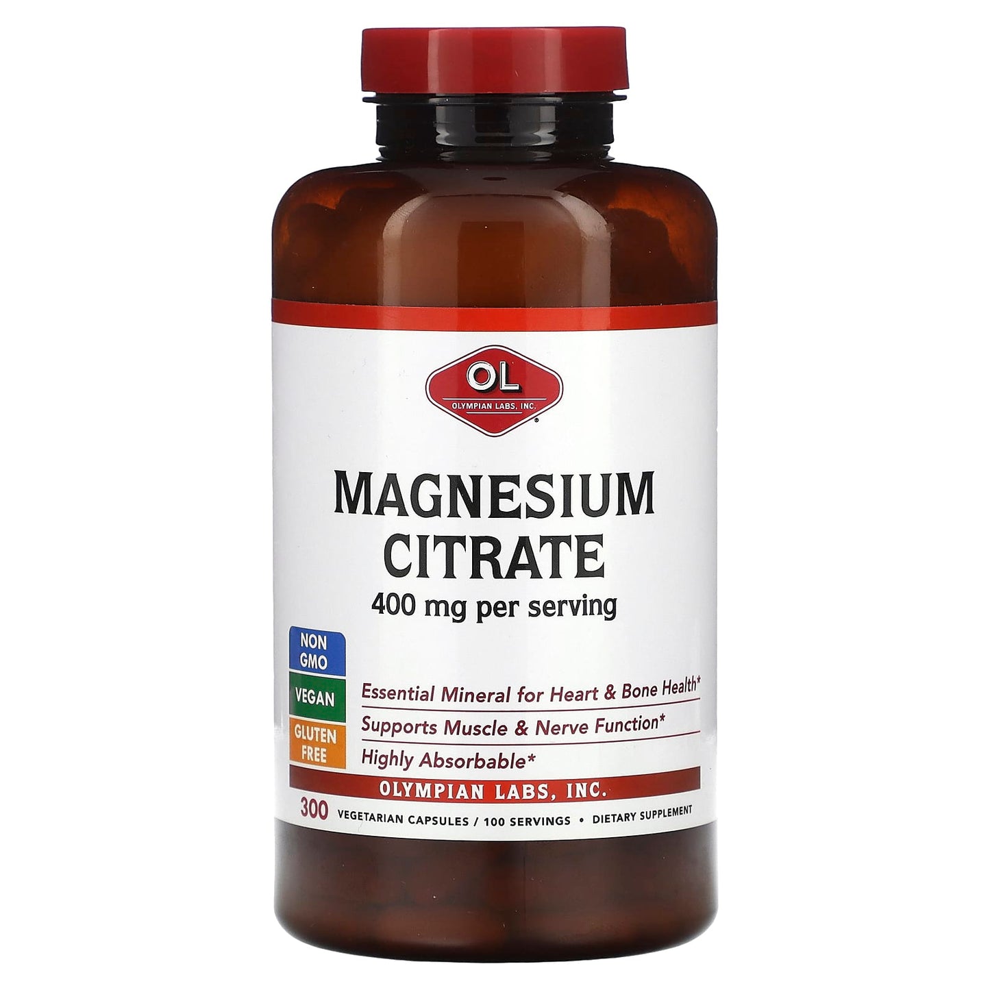 Olympian Labs, Magnesium Citrate, 400 mg, 300 Vegetarian Capsules (133 mg per Capsule) - Image 1