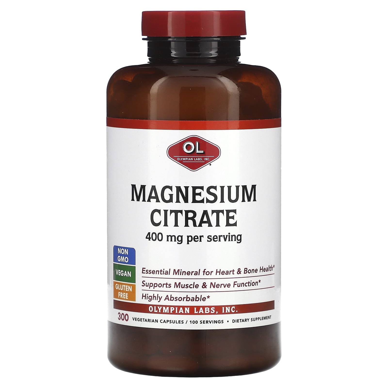 Olympian Labs, Magnesium Citrate, 400 mg, 300 Vegetarian Capsules (133 mg per Capsule) - Image 1