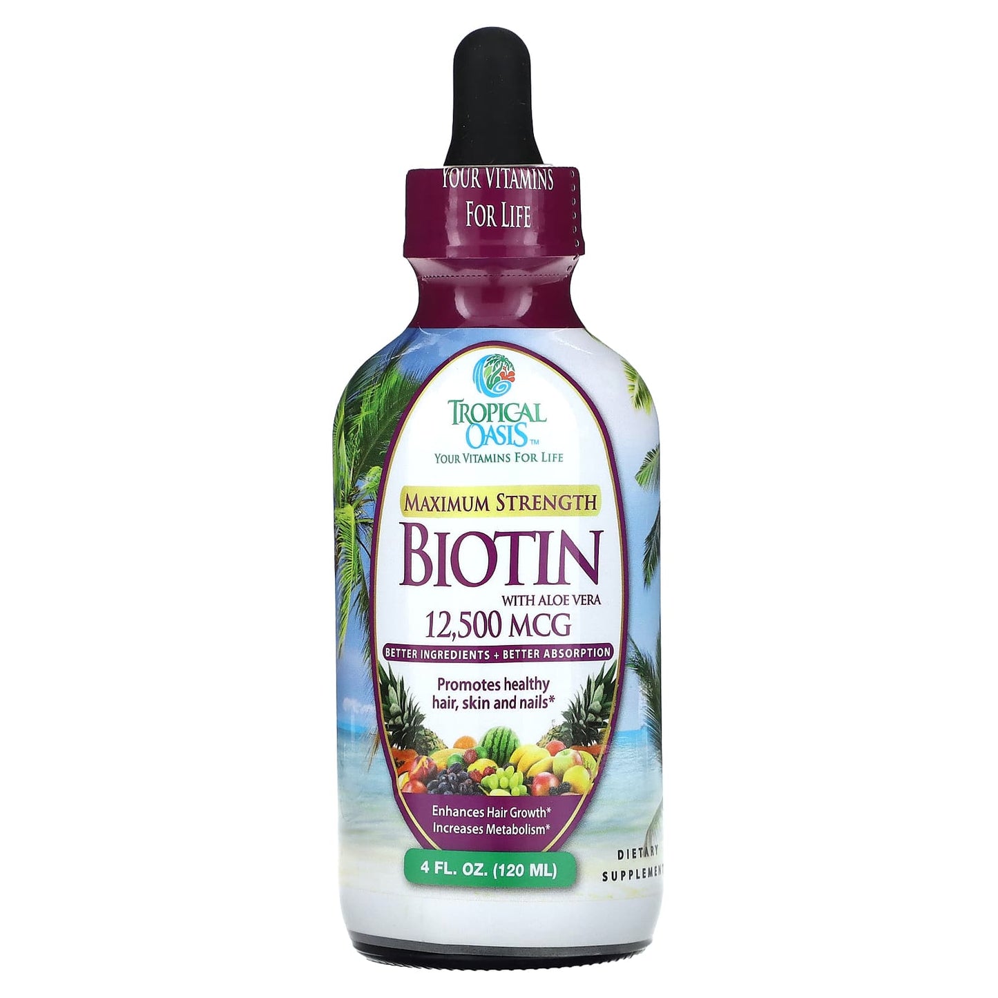 Tropical Oasis, Biotin, Maximum Strength, with Aloe Vera, 12,500 mcg, 4 fl oz (120 ml) - Image 1