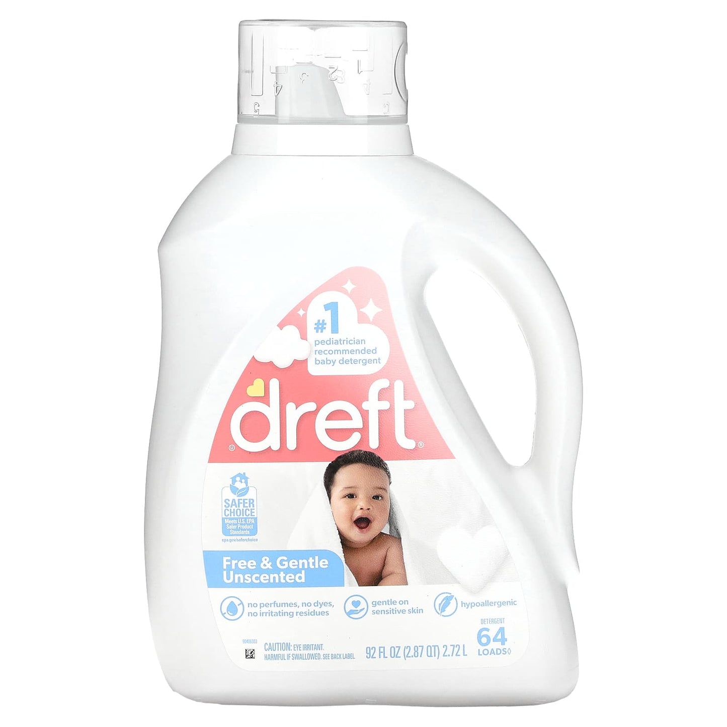Dreft Baby Detergent - Free & Gentle Unscented, 92 fl oz (2.72 l) - Image 1