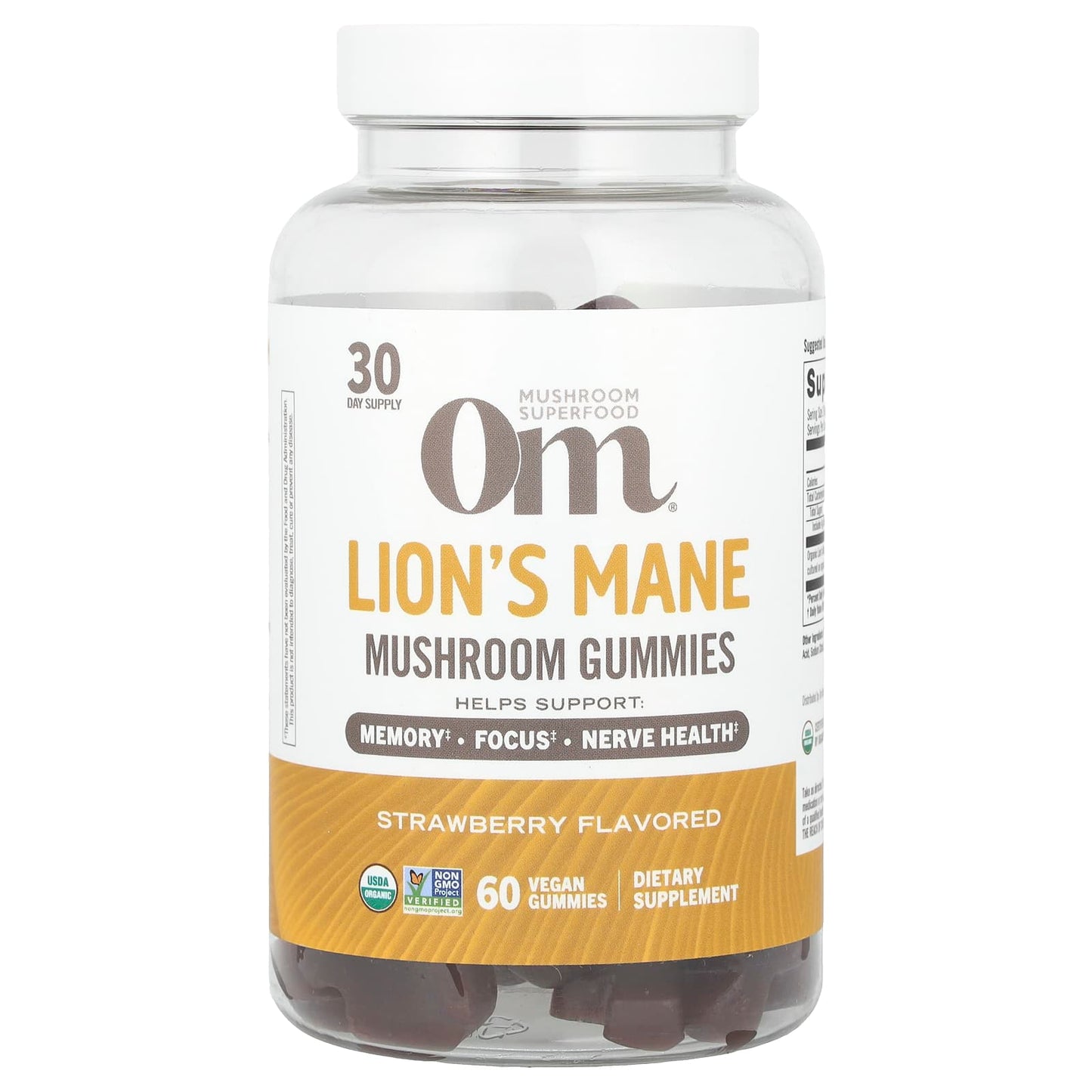 Om Mushrooms, Lion's Mane Mushroom Gummies, Strawberry, 60 Vegan Gummies (0.5 g per Gummy) - Image 1
