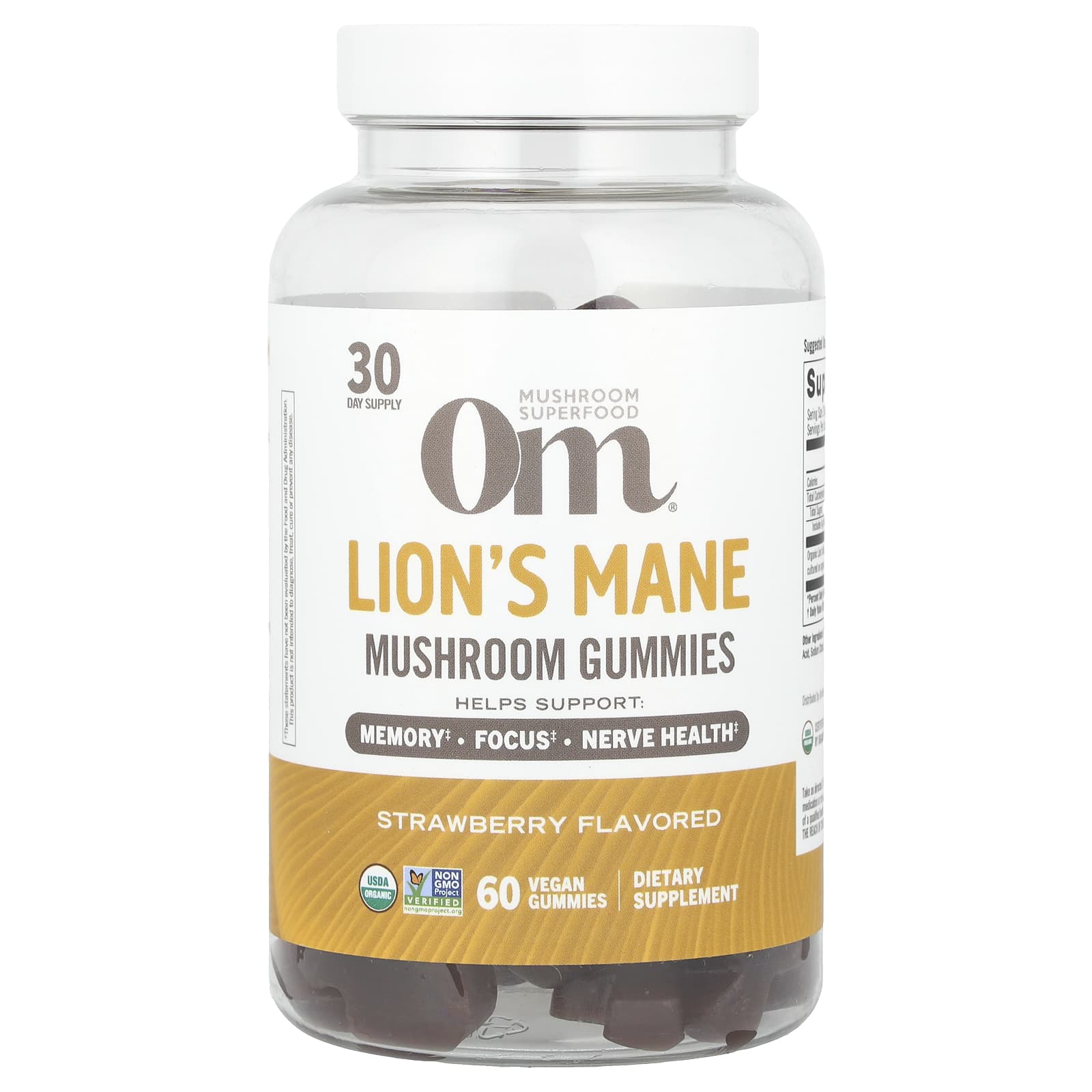 Om Mushrooms, Lion's Mane Mushroom Gummies, Strawberry, 60 Vegan Gummies (0.5 g per Gummy) - Image 1