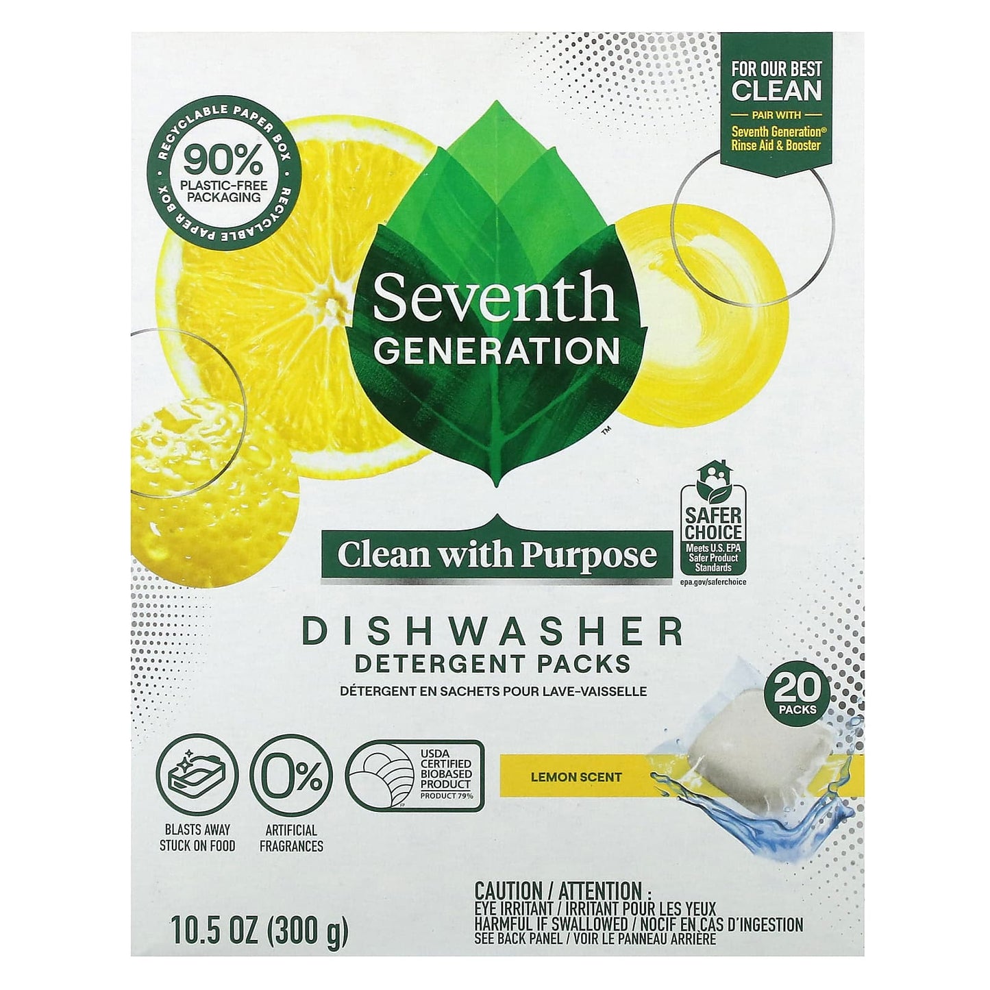 Seventh Generation, Dishwasher Detergent Packs, Lemon Scent, 20 Packs, 10.5 oz (300 g) - Image 1