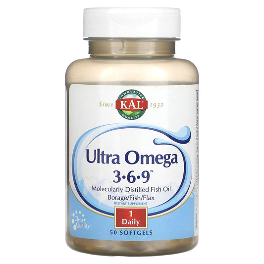 KAL Ultra Omega 3-6-9 Supplement, 50 Softgels, Molecularly Distilled Fish Oil - Image 1