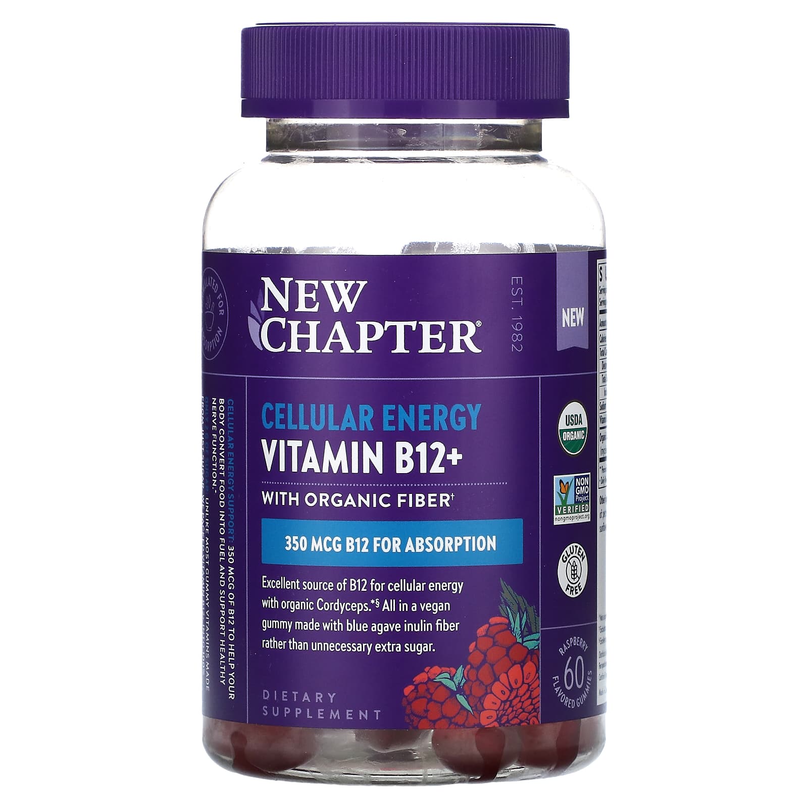 New Chapter, Cellular Energy Vitamin B12+, Raspberry, 350 mcg, 60 Flavored Gummies - Image 1