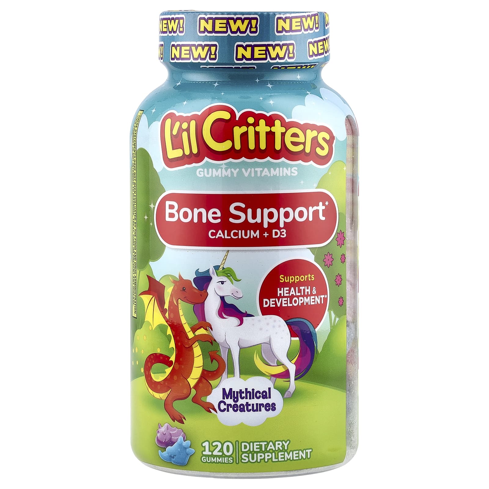 L'il Critters, Mythical Creatures, Bone Support Calcium + D3 Gummies, Bumbleberry Blast, Sour Blue Raspberry, 120 Gummies - Image 1
