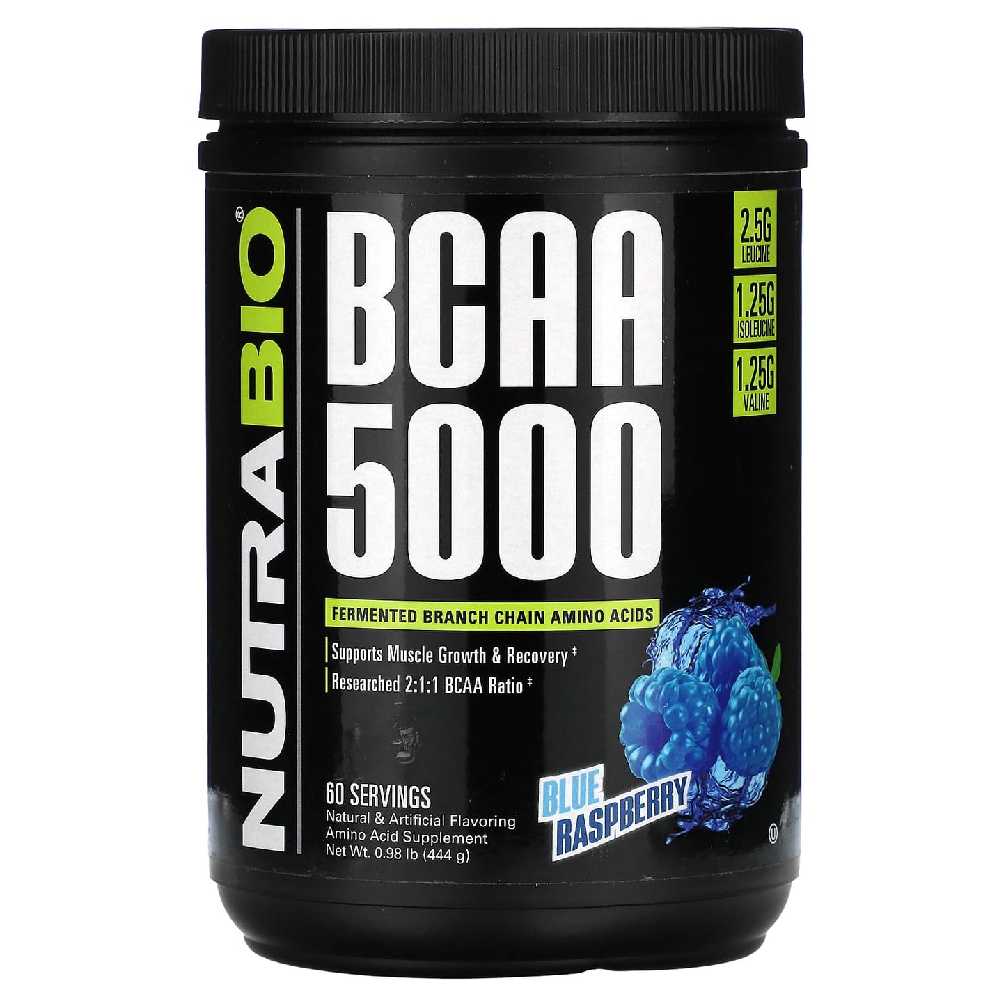 NutraBio, BCAA 5000, Blue Raspberry, 0.98 lb (444 g) - Image 1