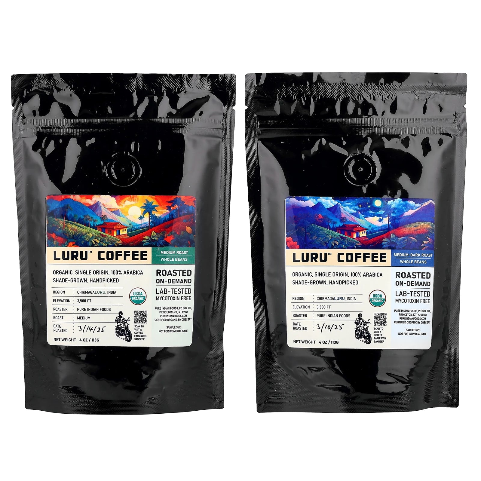 Pure Indian Foods, Luru™ Coffee, Whole Beans Sampler , 2 Packs, 4 oz (113 g) Each - Image 2