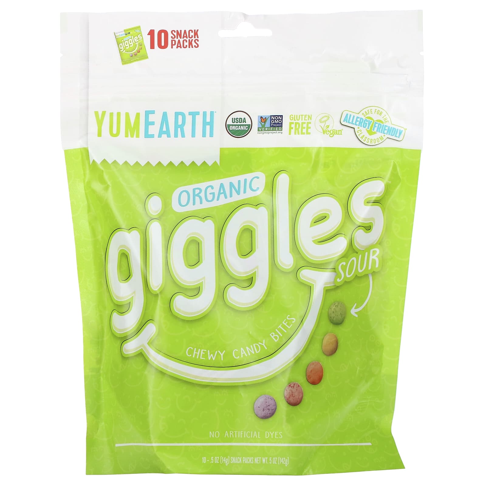YumEarth, Organic Giggles, Sour, 10 Snack Packs, 0.5 oz (14 g) Each - Image 1