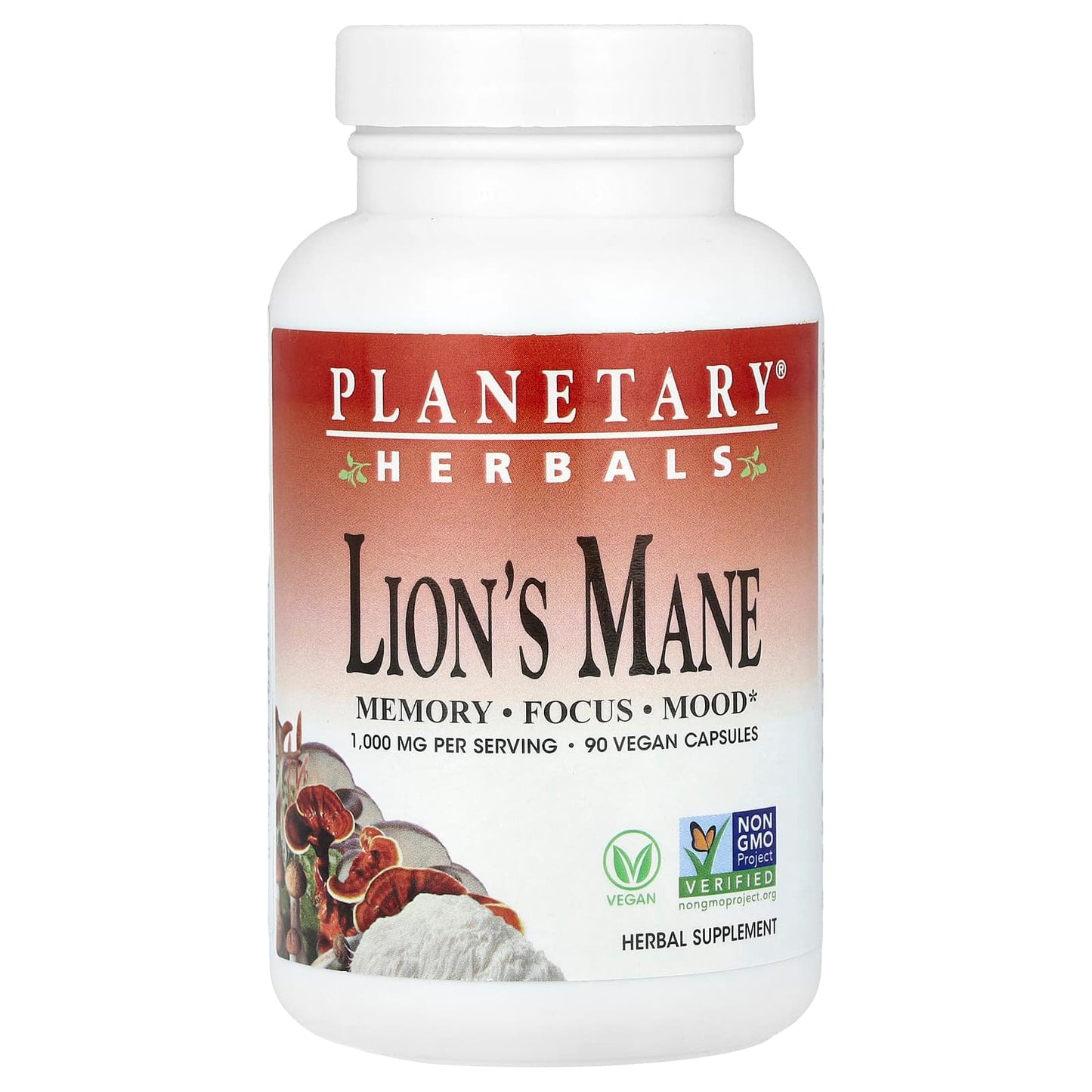 Planetary Herbals, Lion's Mane, 90 Vegan Capsules (500 mg per Capsule) - Image 1