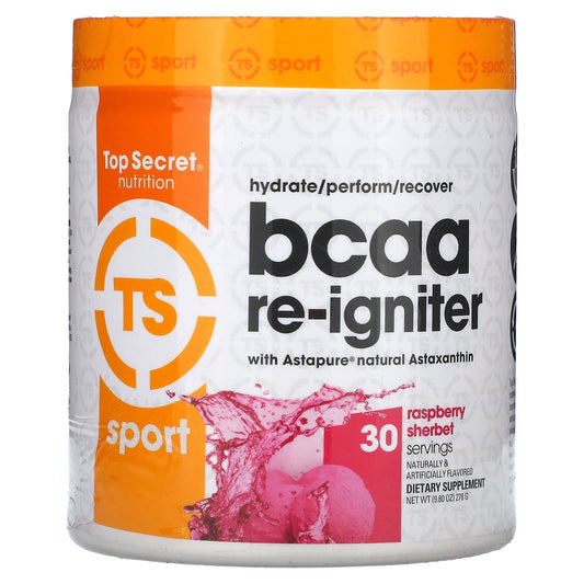 Top Secret Nutrition, Sport, BCAA Re-Igniter with Astapure Nautral Astaxanthin, Raspberry Sherbet, 9.80 oz (278 g) - Image 1