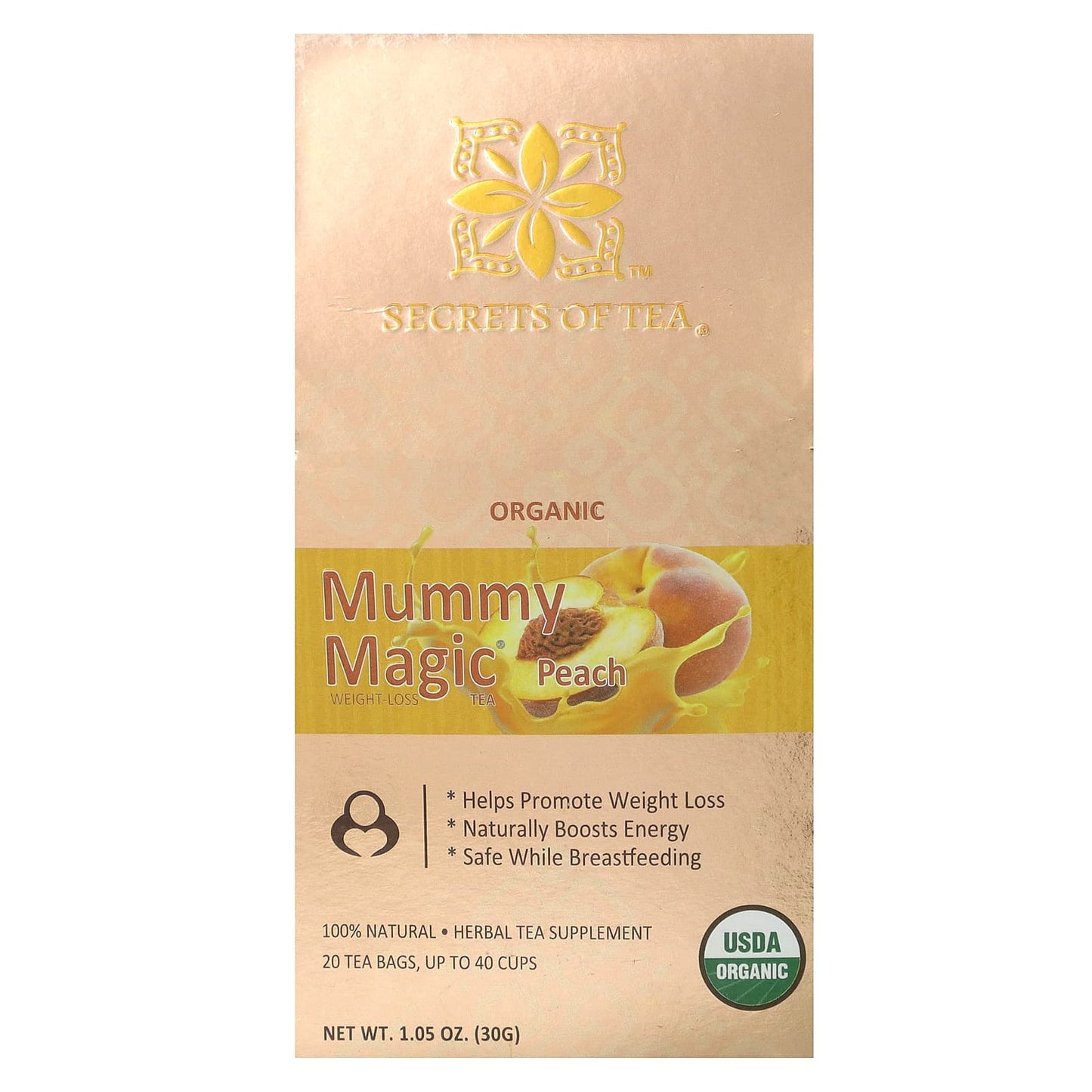 Secrets of Tea, Organic Mummy Magic Weight-Loss Tea, Peach, 20 Tea Bags, 1.05 oz (30 g) - Image 1
