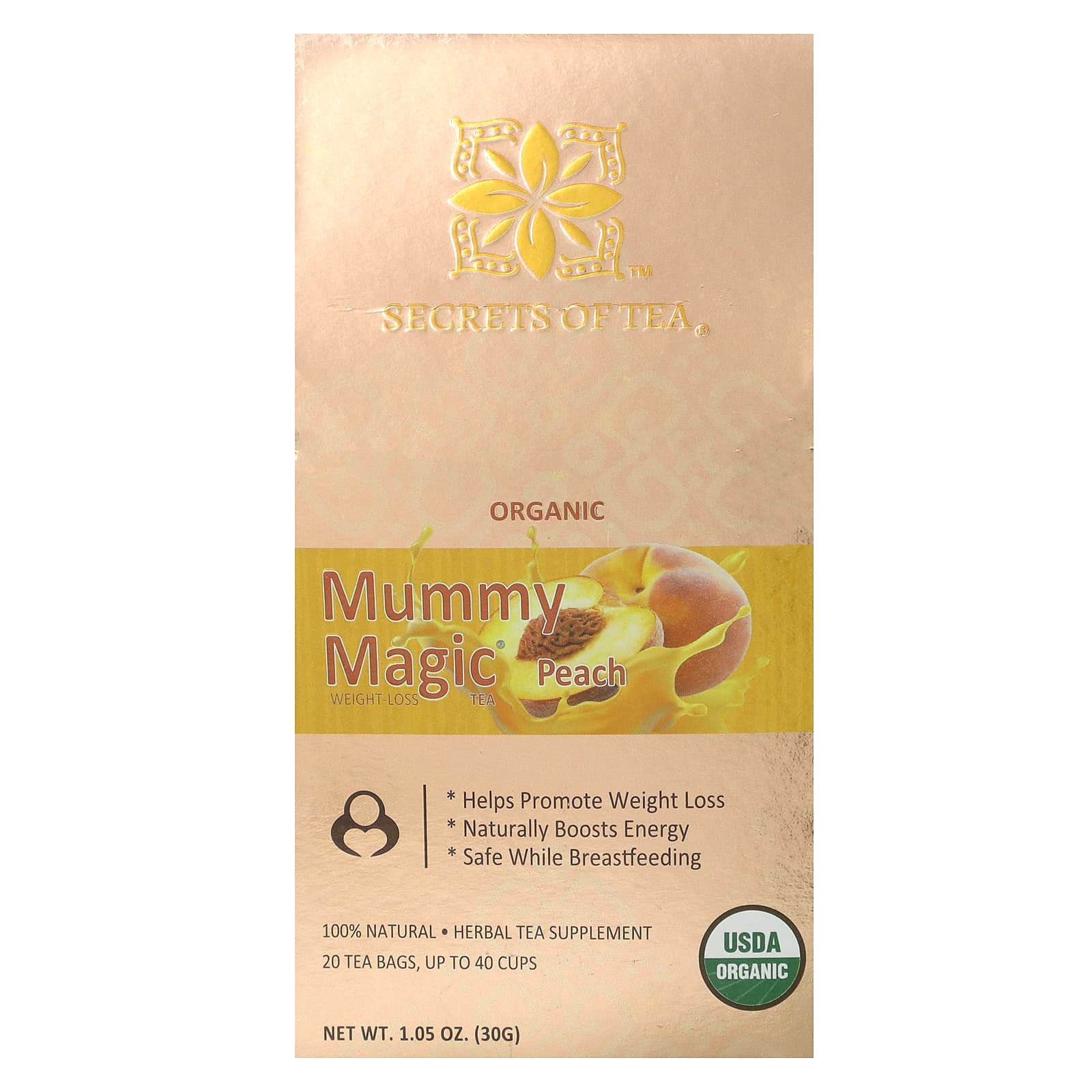 Secrets of Tea, Organic Mummy Magic Weight-Loss Tea, Peach, 20 Tea Bags, 1.05 oz (30 g) - Image 1