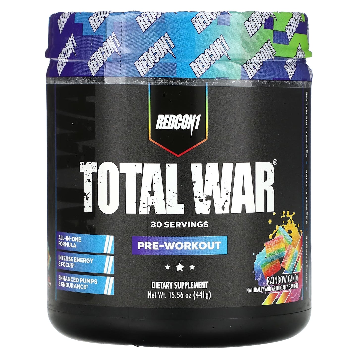 Redcon1, Total War, Pre-Workout, Rainbow Candy, 15.56 oz (441 g) - Image 1