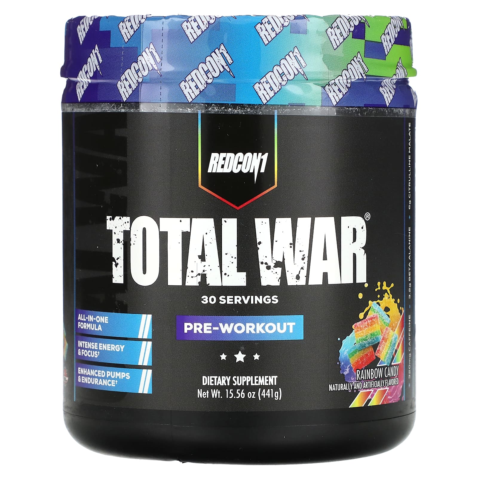 Redcon1, Total War, Pre-Workout, Rainbow Candy, 15.56 oz (441 g) - Image 1