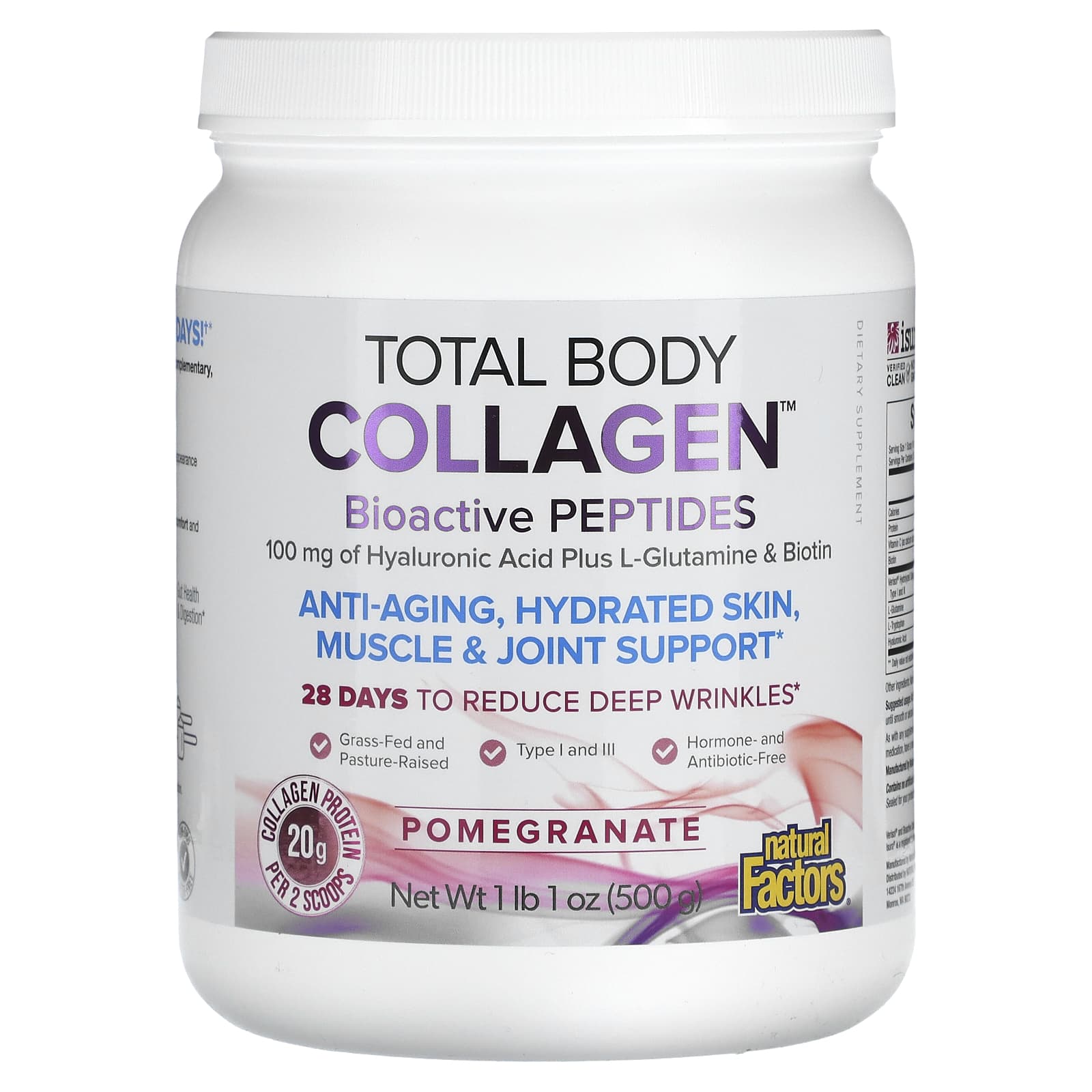 Natural Factors, Total Body Collagen, Bioactive Peptides, Pomegranate, 1 lb 1 oz (500 g) - Image 1