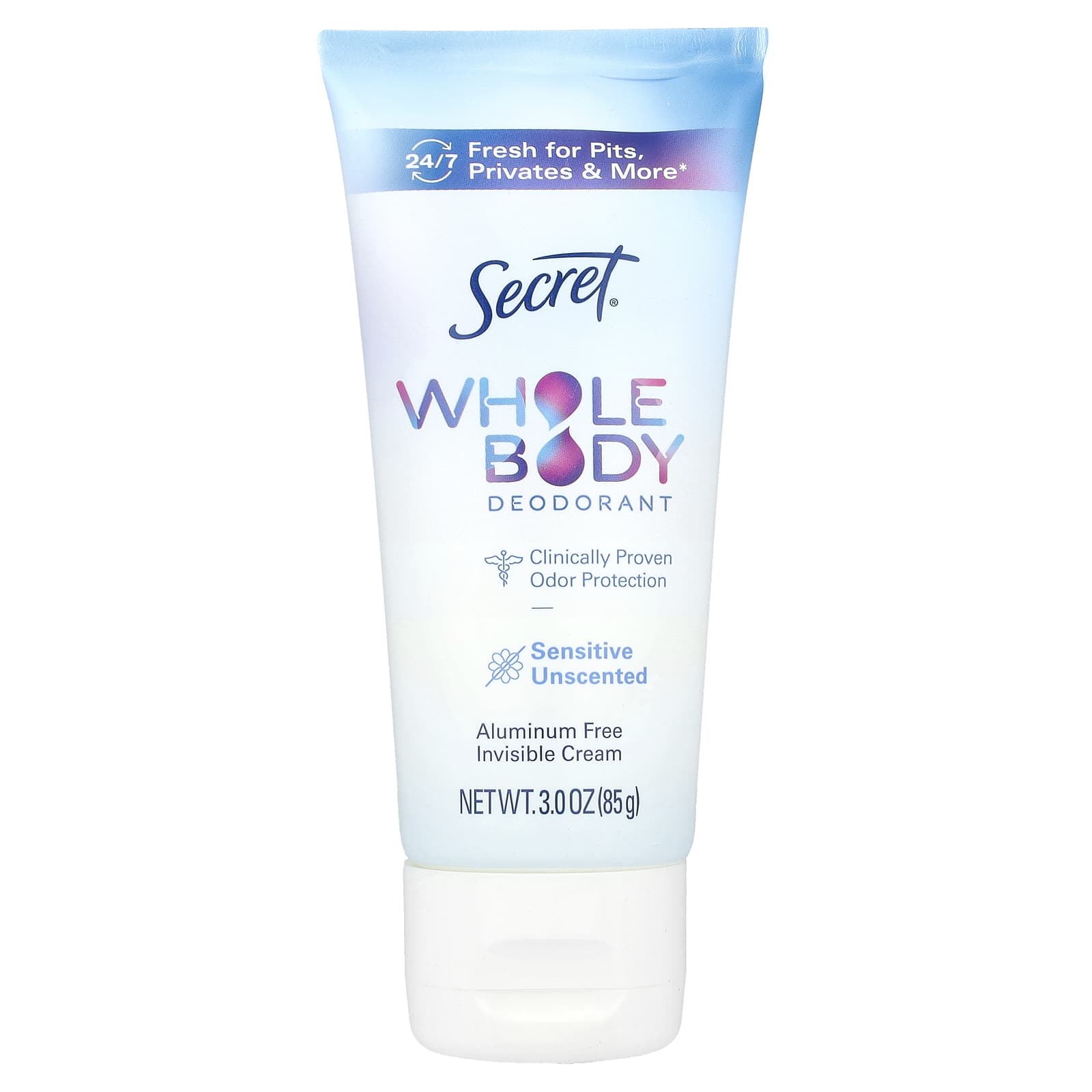 Secret, Whole Body Deodorant, Aluminum Free, Invisible Cream, Unscented, 3 oz (85 g) - Image 1